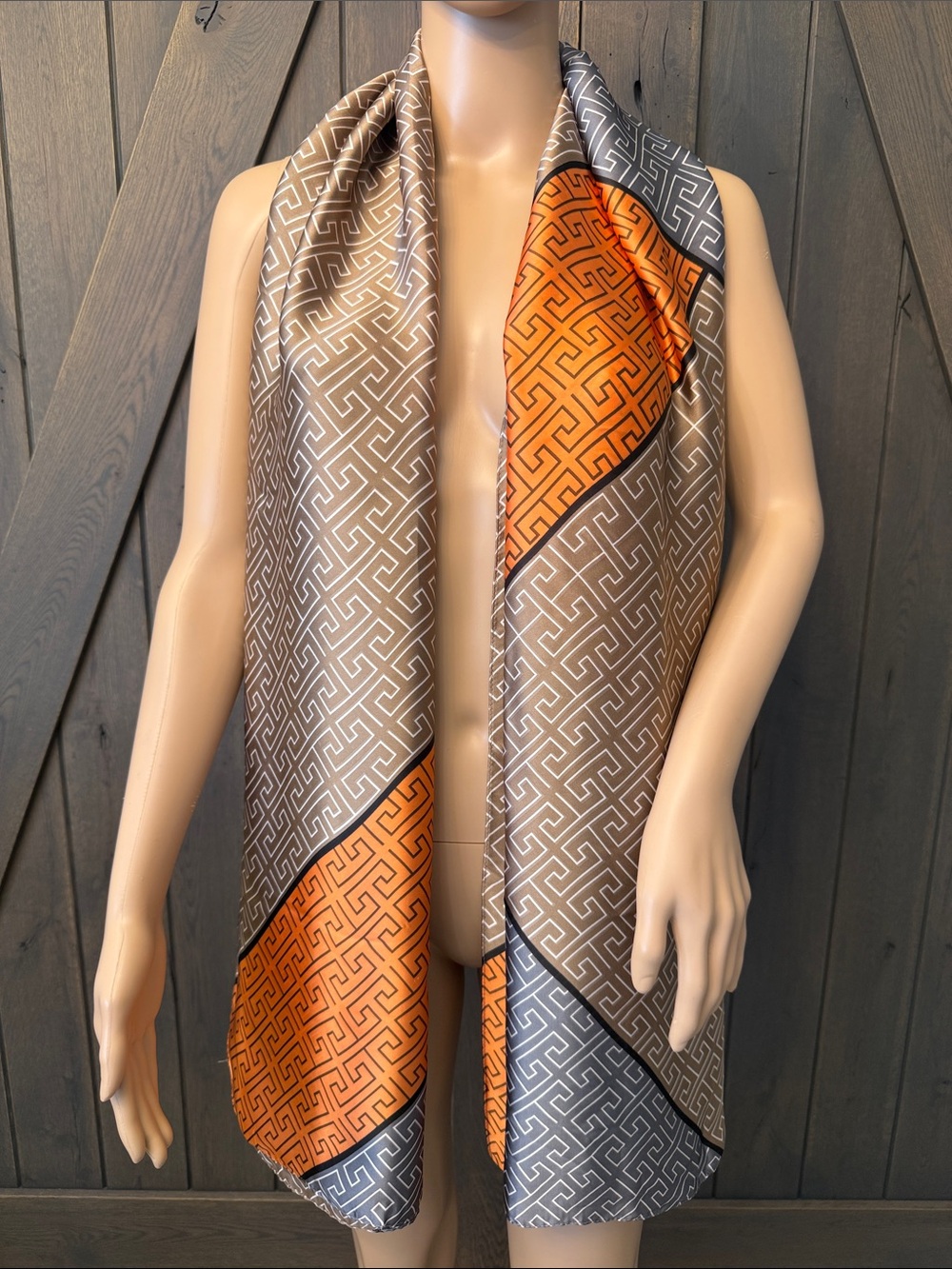 Geometric Pattern Bamboo Silk Scarf in Taupe and Orange